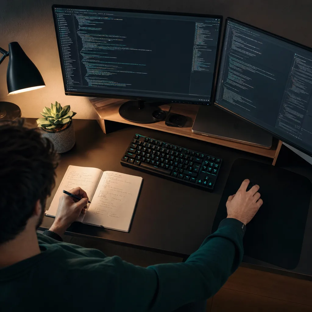 Entwicklerarbeitsplatz mit Code auf zwei Monitoren
