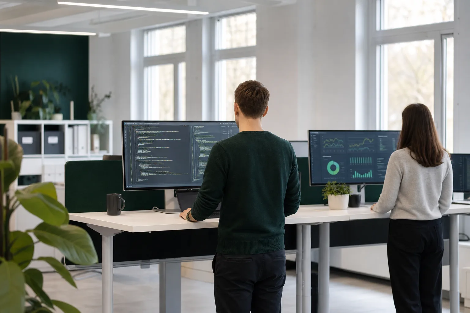 Modernes Softwarebüro mit Monitoren und Code